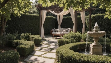 Elegant Garden Retreat with Pergola and Fountain.