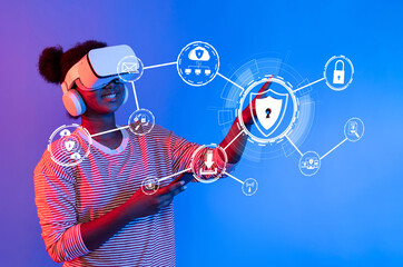A young woman experiences virtual reality technology while interacting with cyber security icons, emphasizing data protection and online safety in a digital age. XDMCP