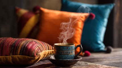 A steaming cup of coffee with colorful pillows in the background.