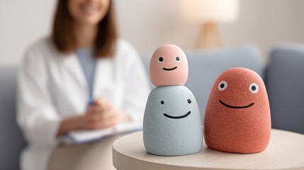 Three colorful, smiling, round, toy-like figures stacked on top of each other, with a blurred woman in the background, sitting on a couch with a lamp and a blue cushion.