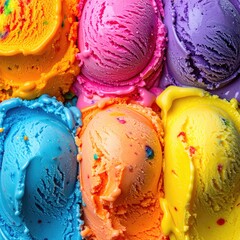 Close-up view of scoops of vibrant, colorful ice cream.  Melted edges and swirls of various hues of ice cream