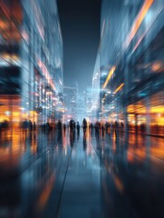 abstract corporate scene visualizing business transformation in a modern urban environment with blurred lights and reflections at night