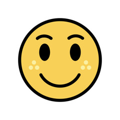 Fototapeta premium Yellow emoji face with round glasses black mustache and freckles on cheeks expressing concern with a subtle smile against a black background minimalist flat vector art