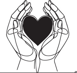 Continuous line drawing of hands holding a heart symbol conceptual design. eps
