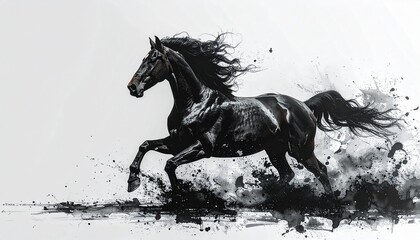 A brush-drawn ink painting of a horse in motion　筆で描いた躍動する馬の墨絵