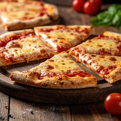 Slices of hot, cheesy pizza on a wooden board