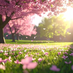 Spring blossoms carpet a park bathed in sunlight.  Pink flowers, cherry trees, and falling petals create a serene scene