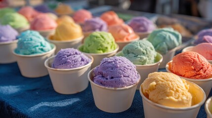 Various vibrant ice cream scoops are arranged in cups on a table at an outdoor market. The scene is bright and cheerful showcasing flavors and colors for customers.