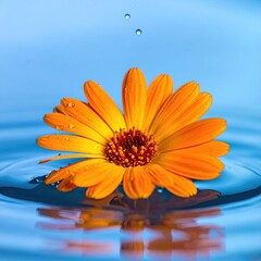 Vibrant orange flower floats gently on rippling water, with water droplets