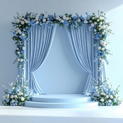 Light blue backdrop with floral arch and podium