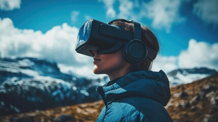 Woman using VR headset, mountain view, exploring virtual reality, technology adventure