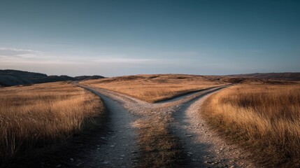 Two dirt paths diverge in a peaceful scene marked by rolling hills and tall golden grass under a clear sky. This tranquil moment captures nature's beauty at dusk.