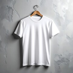 White t-shirt on wooden hanger against textured wall