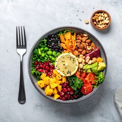 Vibrant colorful bowl brimming with fresh vegetables, fruits, and nuts.  A healthy, colorful, and balanced meal