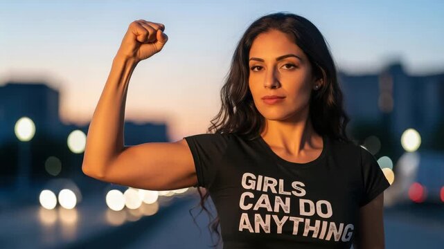 Confident woman flexing her arm wearing a tshirt with the slogan girls can do anything at dusk