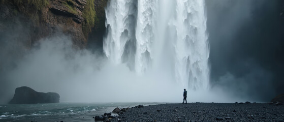 Majestic waterfall cascading down rocky cliffs, surrounded by mist and serene landscape. lone figure stands in awe, capturing beauty