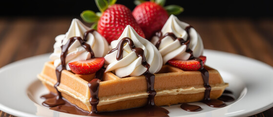 Delicious waffle topped with whipped cream, strawberries, and chocolate sauce creates delightful dessert experience