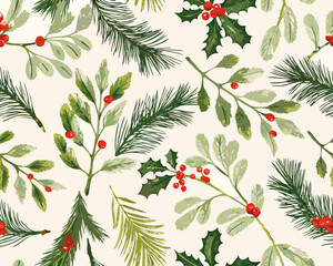 Watercolor christmas botanical illustration with holly pine and berries pattern © Rabindrabath