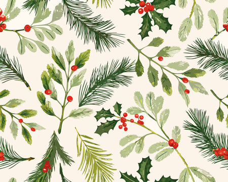 Watercolor christmas botanical illustration with holly pine and berries pattern