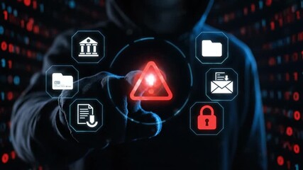 Hooded Hacker Touches Pulsating Warning Sign on Virtual Screen, Surrounded by Digital Data and Security Icons, Symbolizing Cyber Attack, Data Breach, and Online Threat - Powered by Adobe