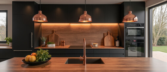 Modern kitchen design features sleek cabinetry, warm lighting, and stylish fixtures. combination of dark tones and copper accents creates cozy
