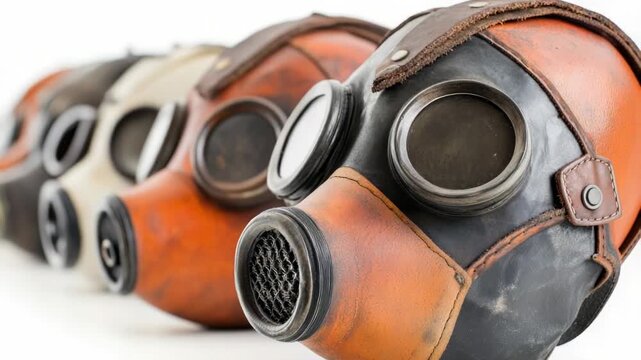 Row of gas masks arranged next to each other, suitable for medical or emergency themed projects