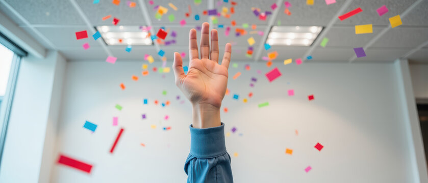 Celebratory hand raised with colorful confetti in office setting, conveying joy and excitement - Powered by Adobe