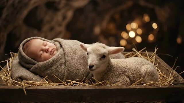 A Caucasian baby sleeps in a manger with a lamb. Recreating the Nativity scene, symbolizing new beginning and peace for Christmas.