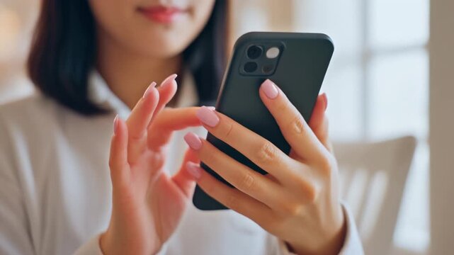 Close-up of a woman's hand operating a smartphone in a room