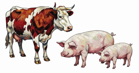 Hand drawn vintage illustration of cow and pigs. detailed livestock animal illustration in vector painting illustration style