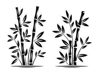 Stylized black and white illustration of bamboo stalks with leaves, artistic representation of natural growth and simplicity, isolated on white.