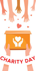 Hands reaching down towards a donation box held by two hands, with hearts and "Charity Day" text.