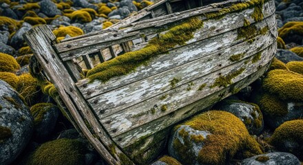 An old wooden boat rests on a bed of mossy rocks. The boat is weathered and shows signs of age and decay. The scene is outdoors with natural lighting.