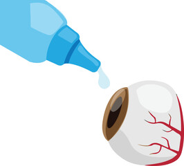 Illustration of an eye receiving a drop from a blue eye drop bottle, depicting eye care and treatment.
