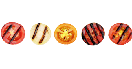Five Slices of Grilled Fruit and Vegetables with Grill Marks isolated on a transparent background tomato