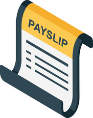 Isometric illustration of a payslip document with a yellow header and financial details.