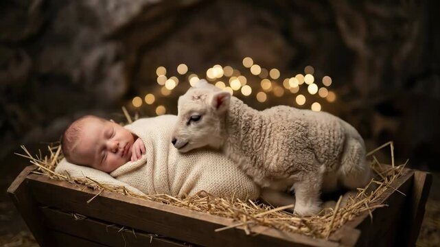 Newborn baby child Jesus in a manger with a lamb during a christmas nativity scene with bokeh lights