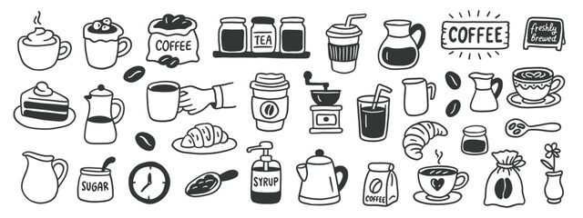 Set of hand drawn coffee doodles and cafe icons. Vector illustration of cups, beans, desserts, tea, grinder and syrup in cute sketch style for menu design.