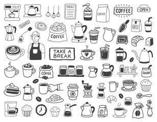 Big set of hand-drawn coffee and dessert doodles. Collection of cafe elements, sketch food and drink icons: beans, cups, latte, cake, and barista. Vector.