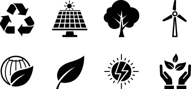 Set of eco-friendly green energy icons representing recycling solar power wind energy trees and nature conservation