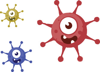 Three cartoon microbes or germs, colored red, blue, and yellow, with one eye, spiky appendages, and smiling faces.