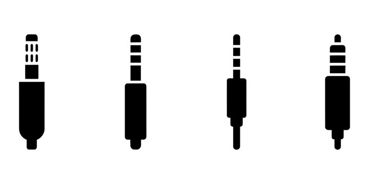 Collection of four black icons representing different types of audio jacks, symbolizing connectivity and sound transmission, isolated on white.