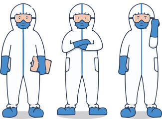 Three cartoon figures wearing white hazmat suits, blue gloves, goggles, and masks, in different poses: holding clipboard, arms crossed, and raising hand.