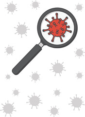 A red virus particle is magnified by a magnifying glass, surrounded by blurred gray virus shapes on a white background.