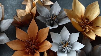 A collection of gold and silver paper flowers arranged on a dark background.