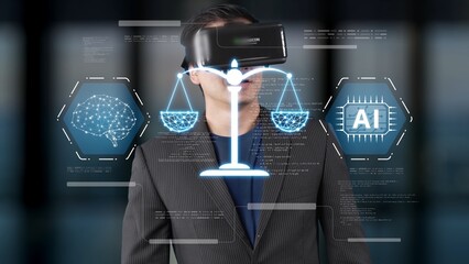 A professional engages with virtual reality technology in an office setting, exploring concepts of justice and artificial intelligence through innovative digital interfaces. Raster
