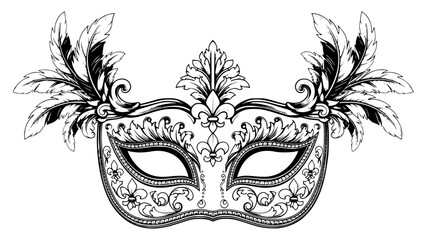 Elegant Venetian carnival mask, ornate patterns, feathers details, black and white vector, clean lines, symmetrical, isolated on white background