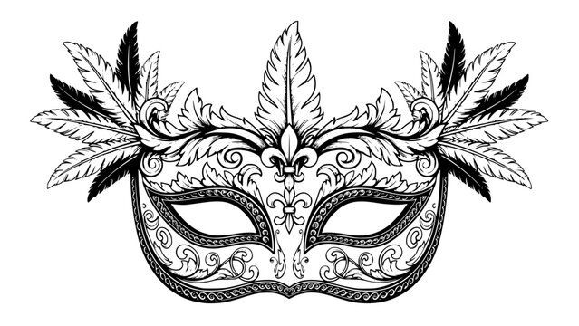 Elegant Venetian carnival mask, ornate patterns, feathers details, black and white vector, clean lines, symmetrical, isolated on white background