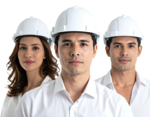 Three diverse construction workers, two men and a woman, wearing white hard hats and shirts, looking at the camera