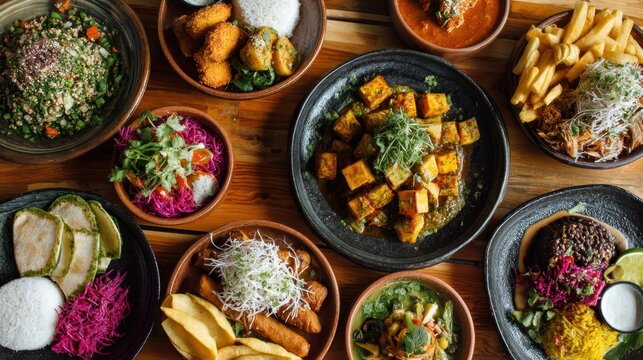 A table with a variety of colorful, healthy, vegan dishes, including tofu, rice, and vegetables, arranged in a visually appealing manner.